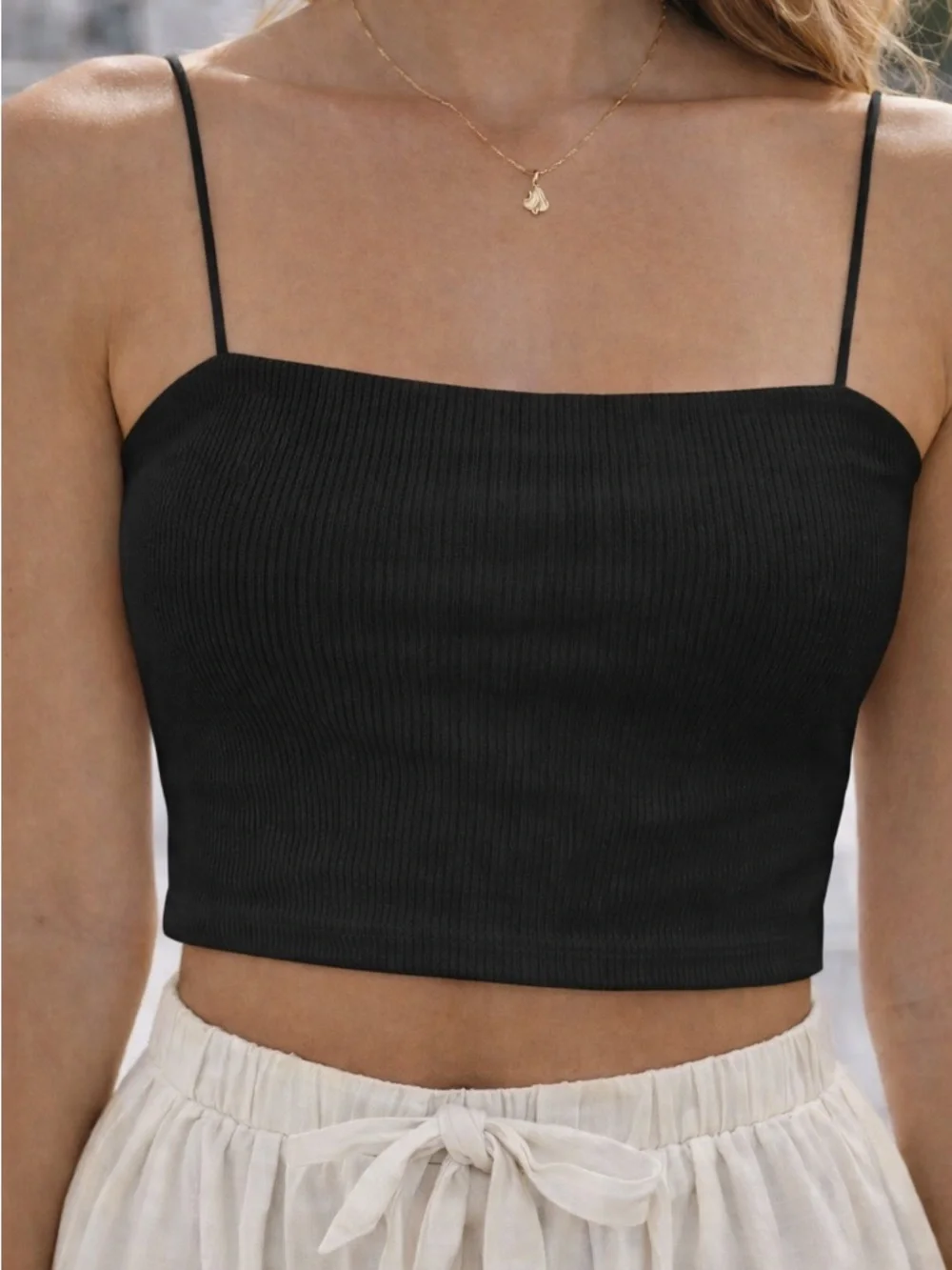 Black Ribbed Knit Crop Tank Sleek Minimal Top - Picture 2 of 5